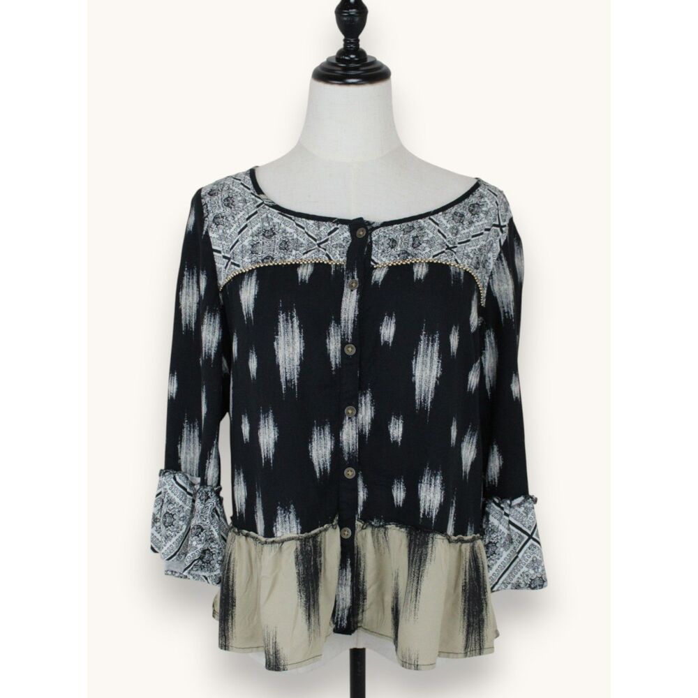 Style & Co Mixed Print Peplum Blouse Black Ivory Western Boho Top